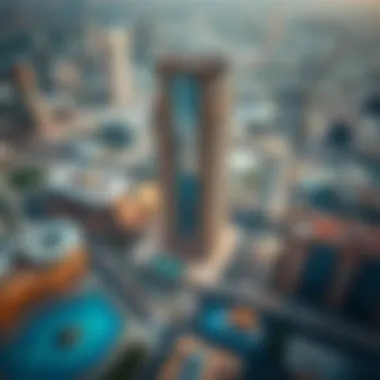 Aerial perspective of Sheikh Zayed Road featuring the Al Kawakeb Building amidst surrounding developments.