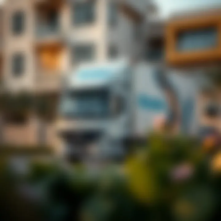 Modern moving truck parked in front of a residential building