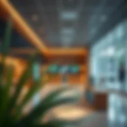 An interior view of a modern bank branch showcasing innovative technology.