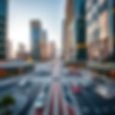 Vibrant business district with bustling offices and retail spaces