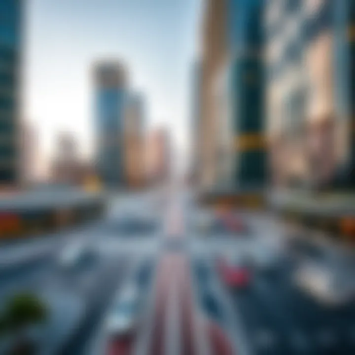 Vibrant business district with bustling offices and retail spaces