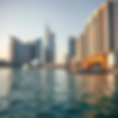 Stunning waterfront view with luxury resorts and commercial buildings