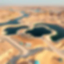 Stunning aerial view of Al Qudra Love Lake surrounded by desert landscape