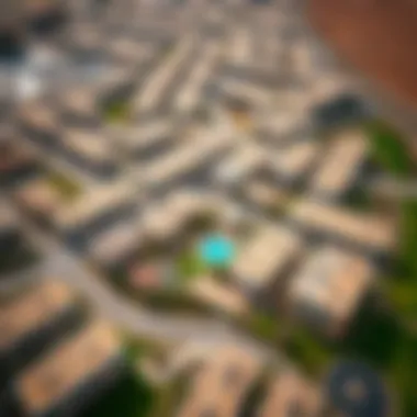 An aerial image of Al Qusais highlighting residential properties and community spaces.