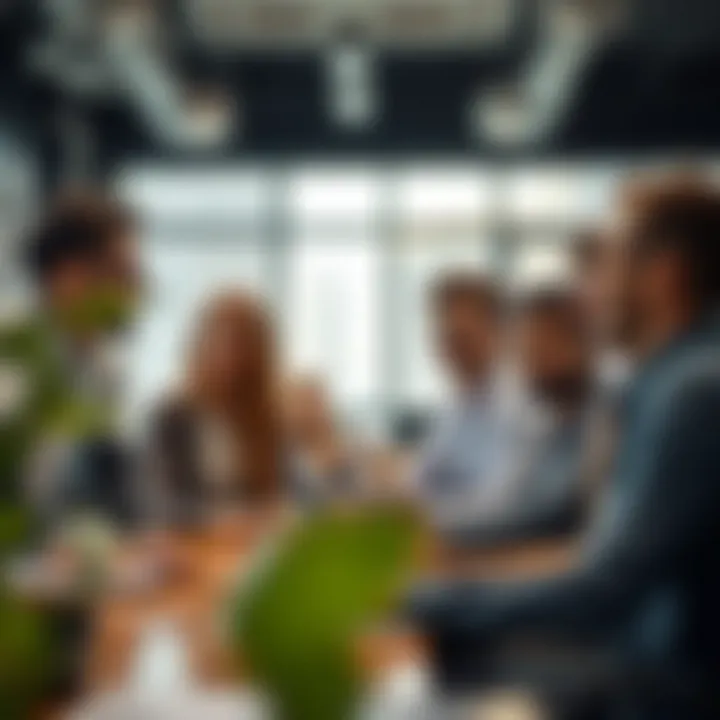 A diverse group of professionals collaborating in a modern workspace