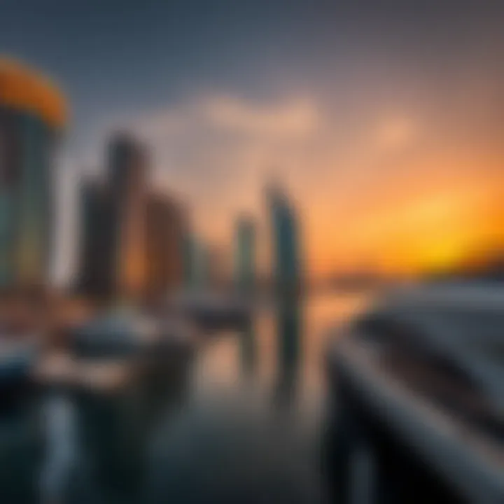 The vibrant atmosphere of the Dubai Marina at sunset.