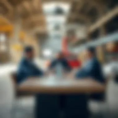 A business meeting taking place in an industrial setting, emphasizing collaboration and strategy.