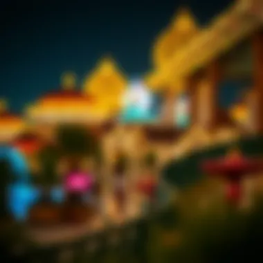 Night view of illuminated pavilions